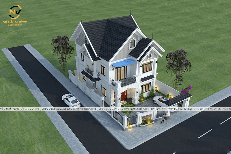 Tổng thể kiến trúc ngoại thất căn biệt thự 2 tầng 110m2 hiện đại.