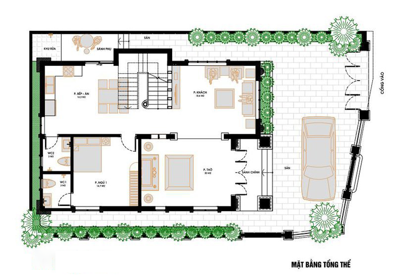 Mặt bằng biệt thự 2 tầng mái thái 110m2