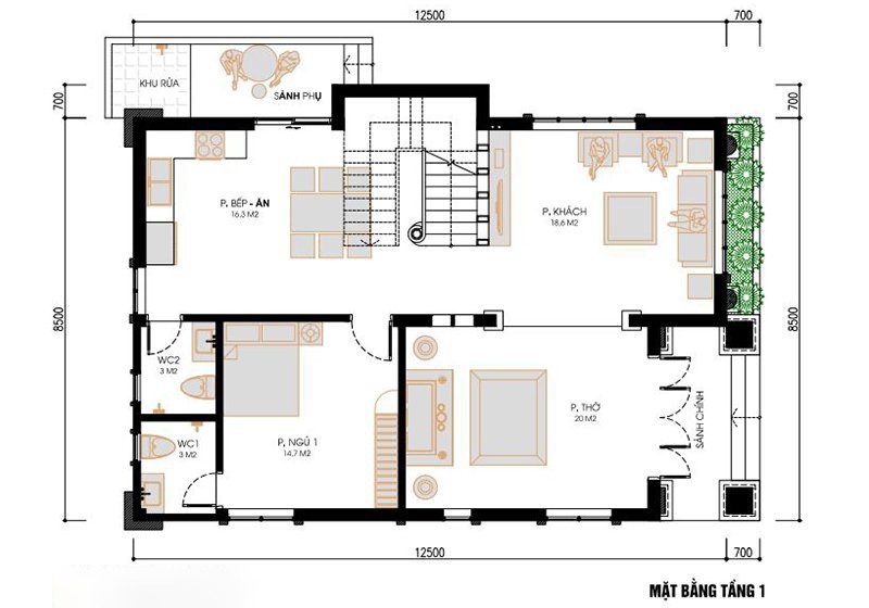 Mặt bằng biệt thự 2 tầng mái thái 110m2