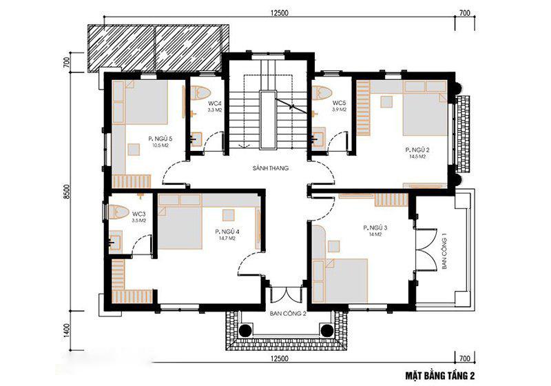 Mặt bằng tầng 2 biệt thự mái thái 110m2